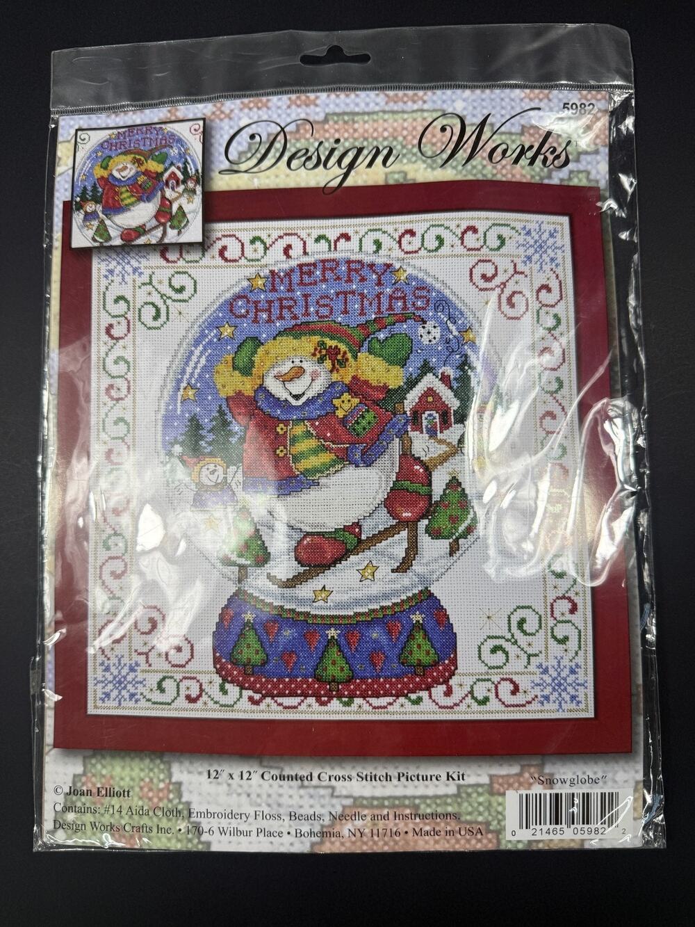 Design Works Snowglobe Counted Cross Stitch Kit 5982 Joan Elliott Snowman Beads